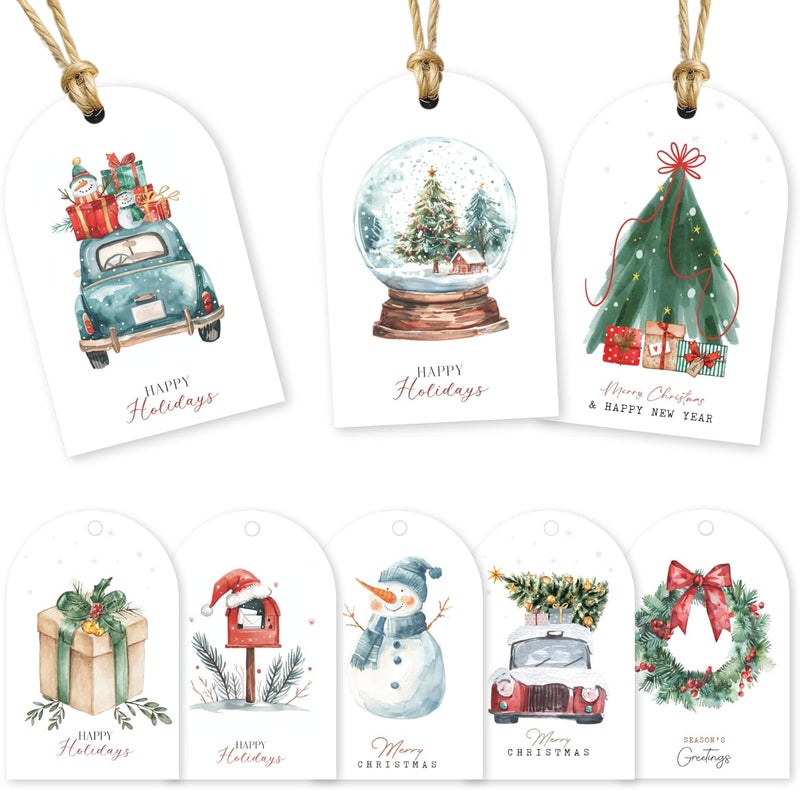 Paper Play Arc-Shaped Watercolor Christmas Gift Tags - 80 Holiday Tags with String, 8 Watercolor Arch Designs - 350 GSM Christmas Name Tags for Gifts - Image 1